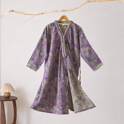Botanical Plant Ruffled Cotton Nightdress - Purple - XL - image 8