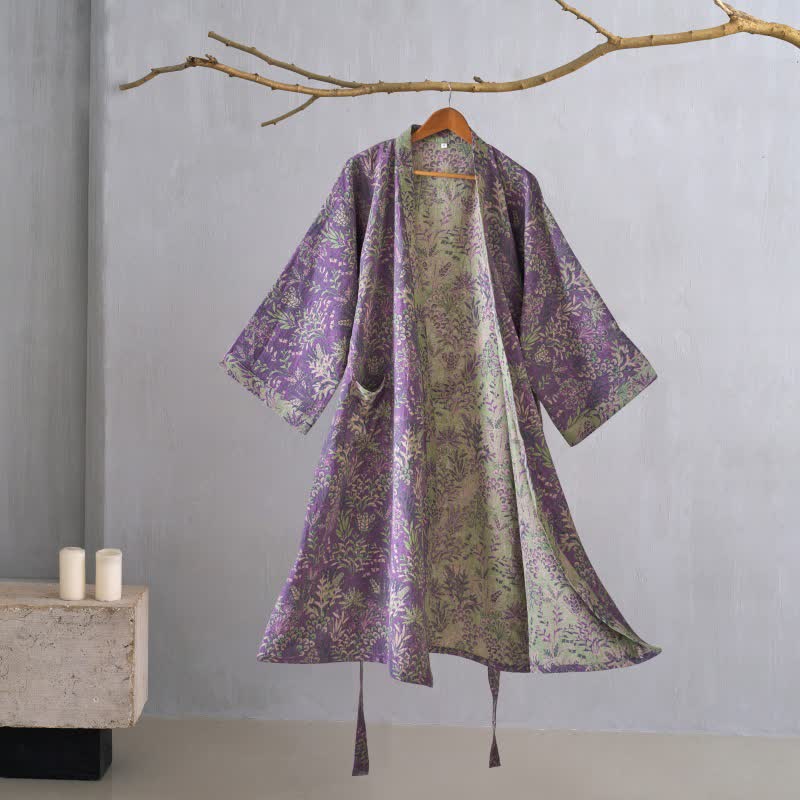 Botanical Plant Cotton Gauze Kimono Robe - Purple - XL - image 0