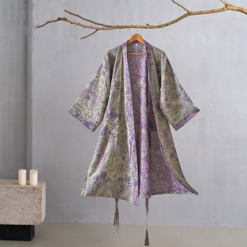 Botanical Plant Cotton Gauze Kimono Robe - Green - XL - image 8