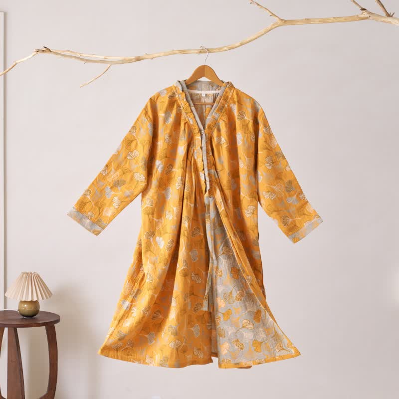 Ginkgo Leaf Ruffled Cotton Nightdress - Yellow - XL - image 0