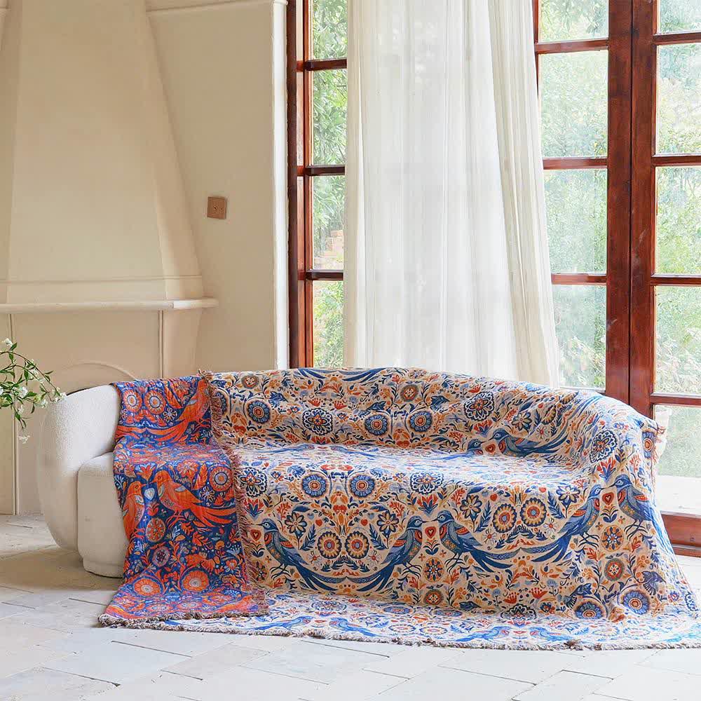 Vintage Bird Cotton Gauze Tassel Blanket - image 2