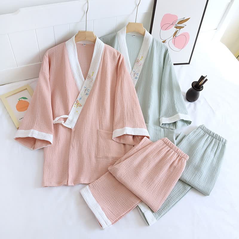 Butterfly Embroidered Cotton Gauze Kimono Loungewear - image 0