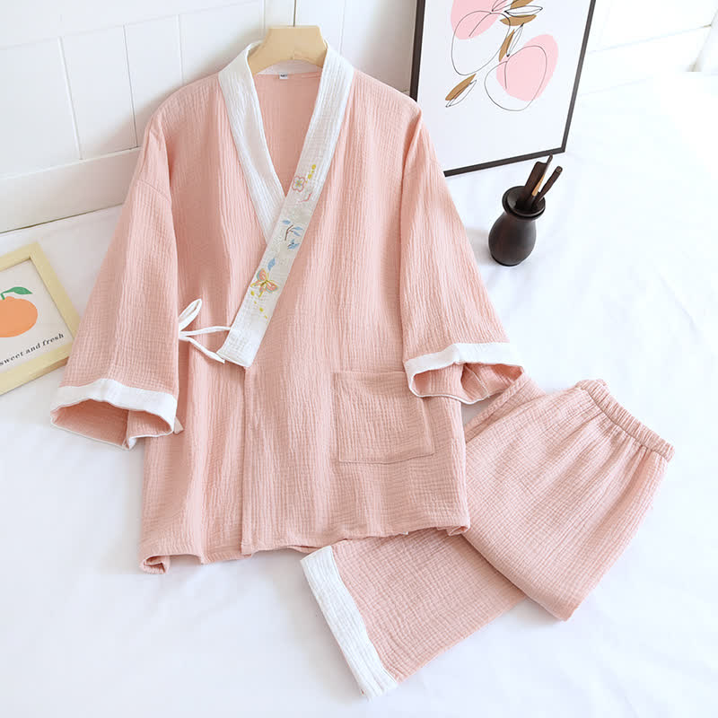 Butterfly Embroidered Cotton Gauze Kimono Loungewear - Pink - XL - image 3