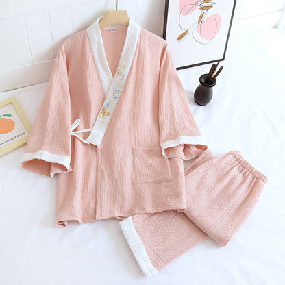Butterfly Embroidered Cotton Gauze Kimono Loungewear - Pink - XL - image 3