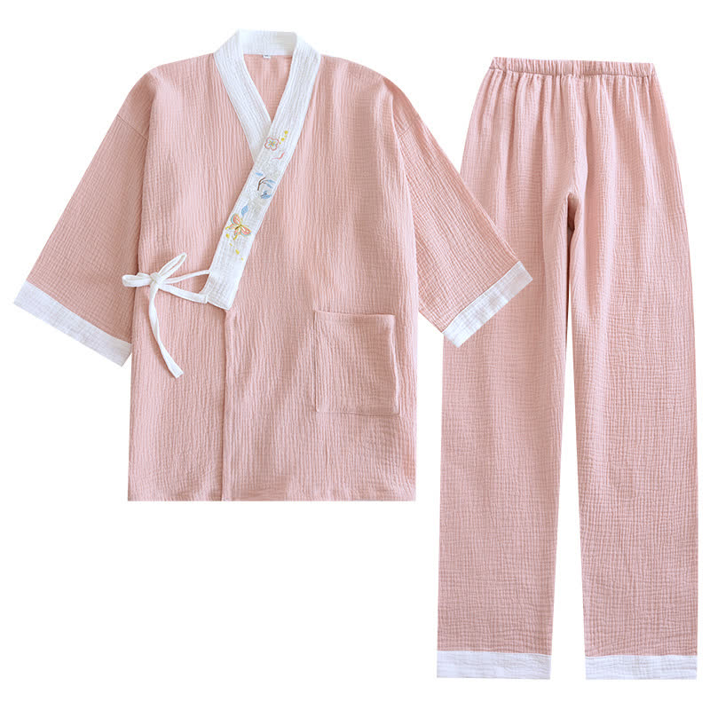 Butterfly Embroidered Cotton Gauze Kimono Loungewear - image 15