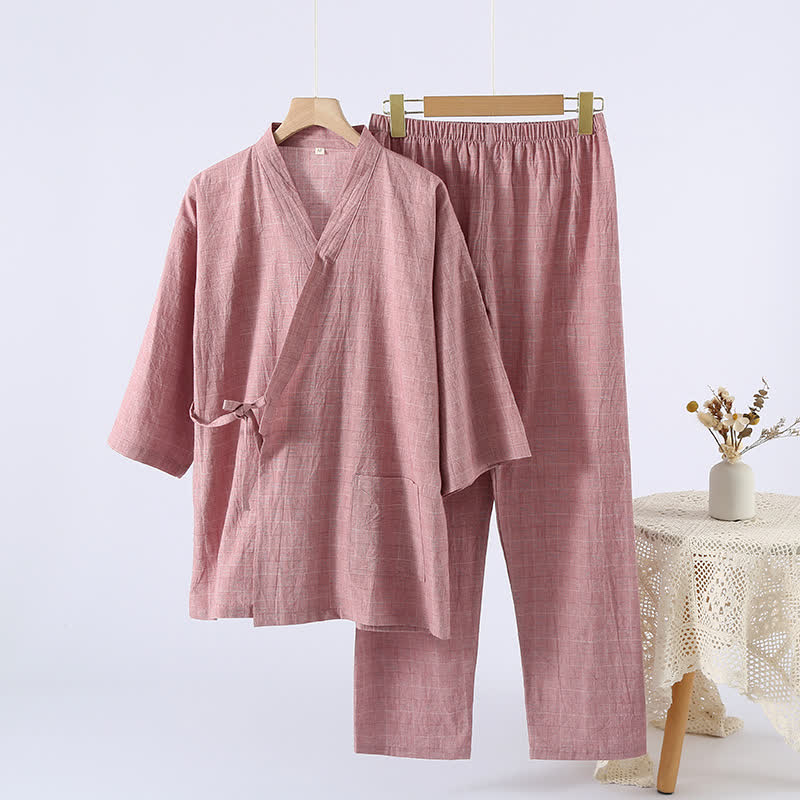 Subtle Plaid Cotton Gauze Kimono Loungewear - Purple - XL - image 0
