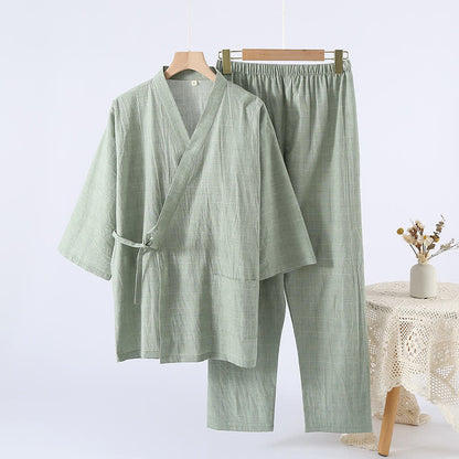 Subtle Plaid Cotton Gauze Kimono Loungewear - Green - XL - image 10