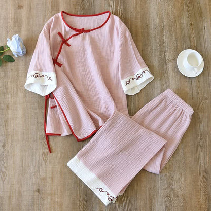 Oriental Style Cotton Gauze Kimono Loungewear - Red - XL - image 5
