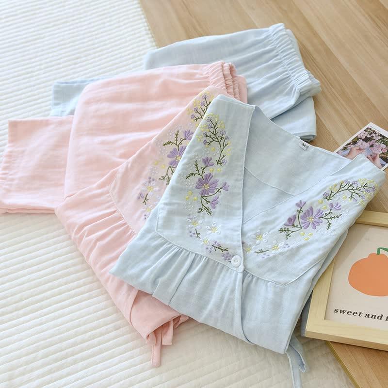 Floral Embroidery Cotton Gauze Kimono Loungewear - image 2