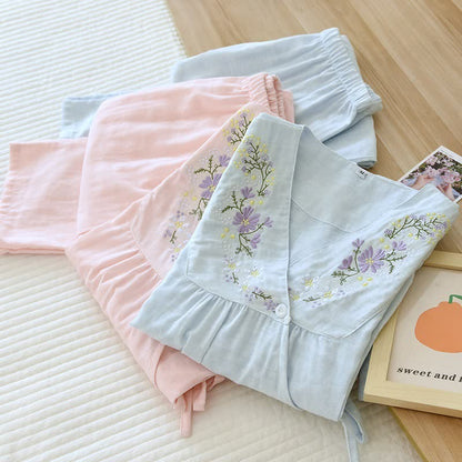 Floral Embroidery Cotton Gauze Kimono Loungewear - image 2