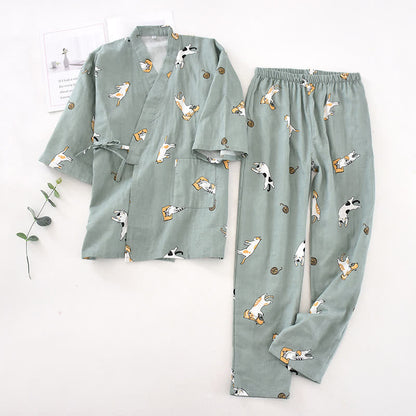 Couple Matching Cat Cotton Kimono Loungewear - Dark Green - Men - L - image 18