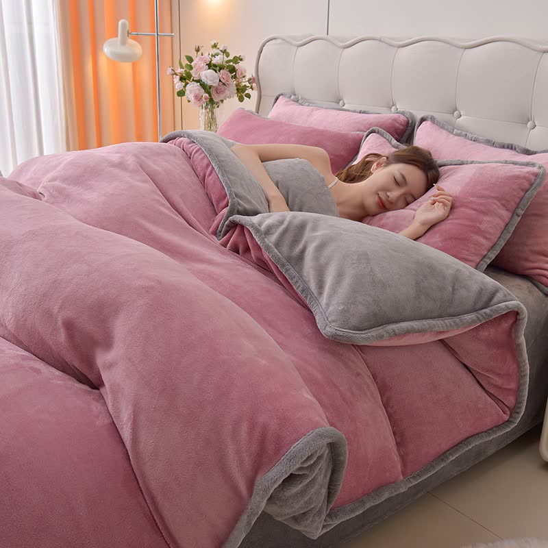 Reversible Solid Color Plush Bedding Set - Pink & Gray - Bedding Set - King - image 7