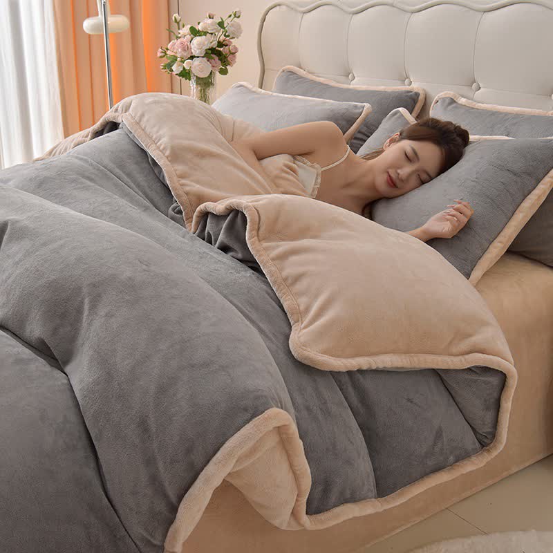 Reversible Solid Color Plush Bedding Set - Gray & Apricot - Bedding Set - King - image 6