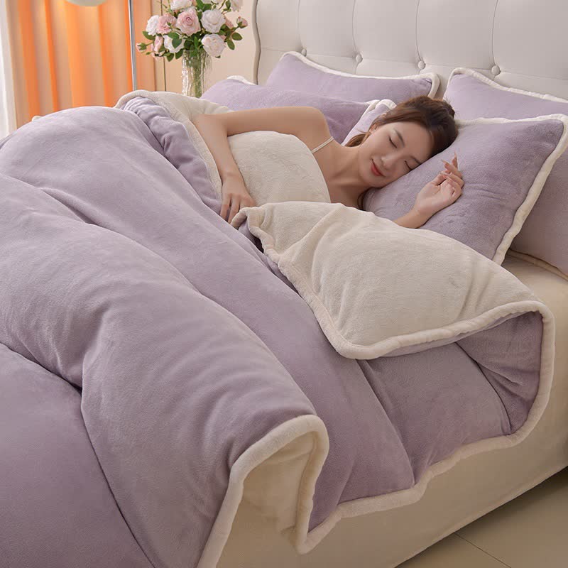 Reversible Solid Color Plush Bedding Set - Purple & Beige - Bedding Set - King - image 3