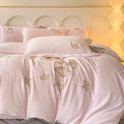 Ginkgo Leaf Embroidered Plush Bedding Set(4PCS) - Light Pink - King - image 6