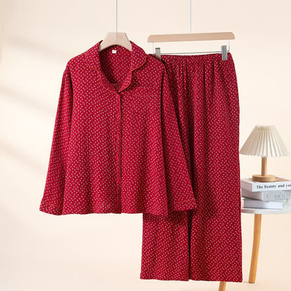 Red Floral Pure Cotton Pajama Set - Red - Lapel Neck - XXL - image 13