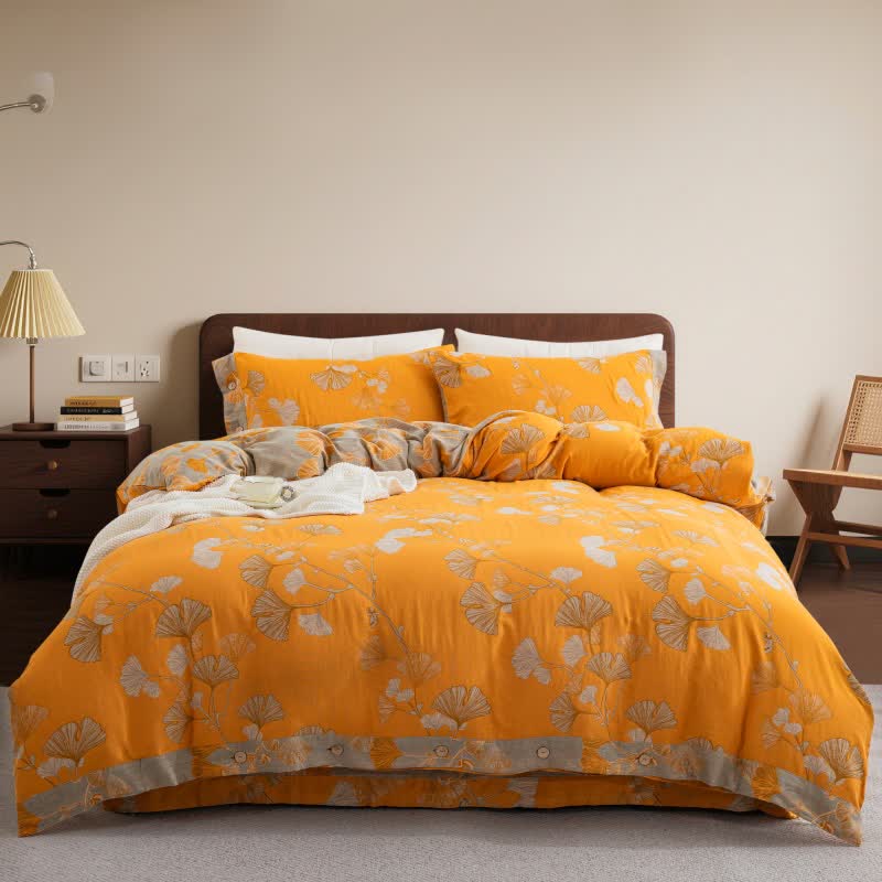 Button Ginkgo Leaf Cotton Gauze Bedding Set (4PCS) - Orange & Gray - King - image 30