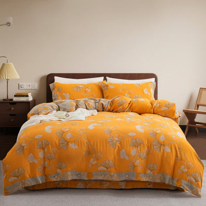 Button Ginkgo Leaf Cotton Gauze Bedding Set (4PCS) - Orange & Gray - King - image 30