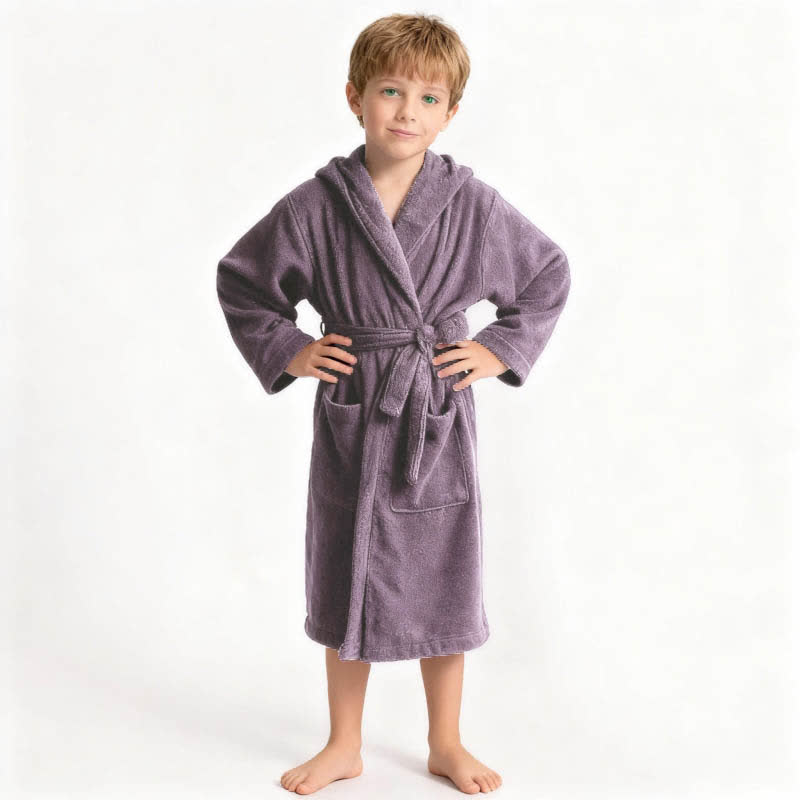 Solid Hooded Cotton Child Bathrobe - Purple - L - image 6