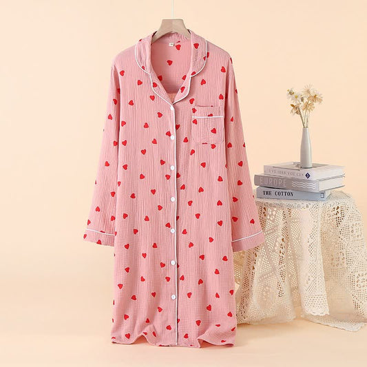 Heart Pure Cotton Gauze Button Nightgown - Pink - XL - image 0