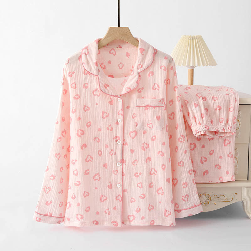 Heart Leopard Print Cotton Pajama Set - Pink - XL - image 0