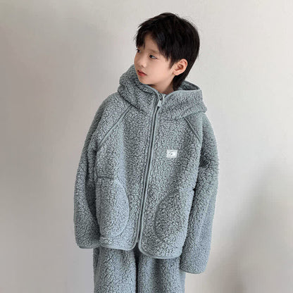 Solid Zip-up Hooded Child Loungewear Set - image 1