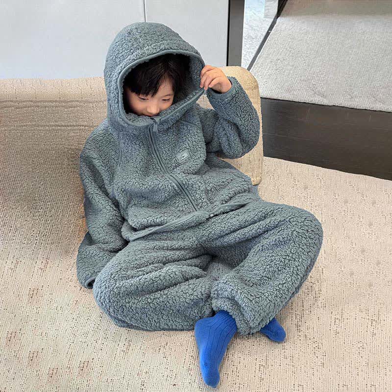 Solid Zip-up Hooded Child Loungewear Set - image 2