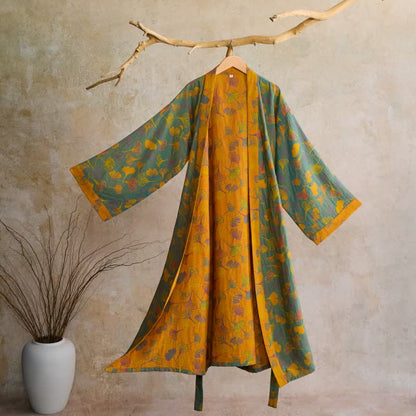 Ginkgo Biloba Cotton Gauze Kimono Robe - Green & Orange - 2XL - image 44