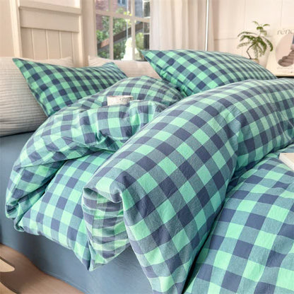 Checkered Pattern Pure Cotton Bedding Set - Blue & Green - Bedding Set - King - image 6