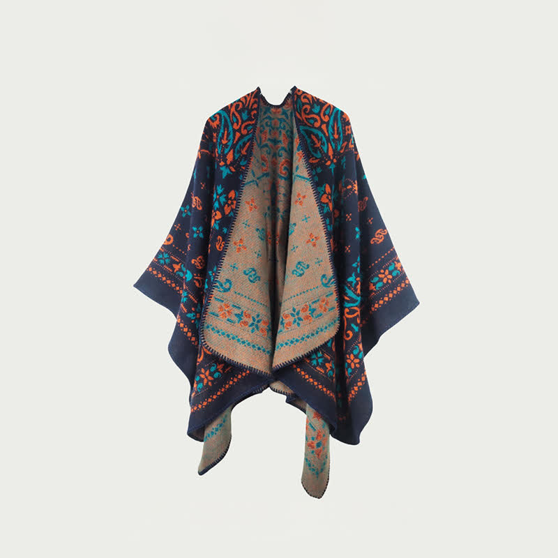 Reversible Vintage Pattern Shawl Cape - Black Camel - 59" x 47" - image 2