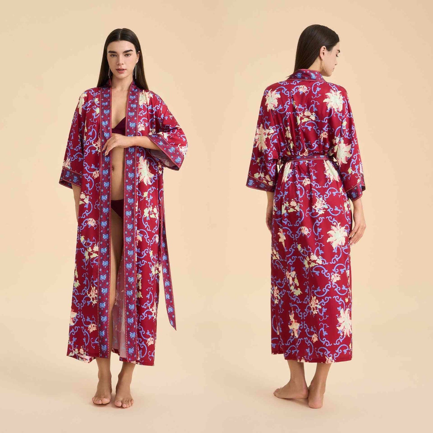 Retro Floral Kimono Style Bathrobe - Red - One Size - image 0
