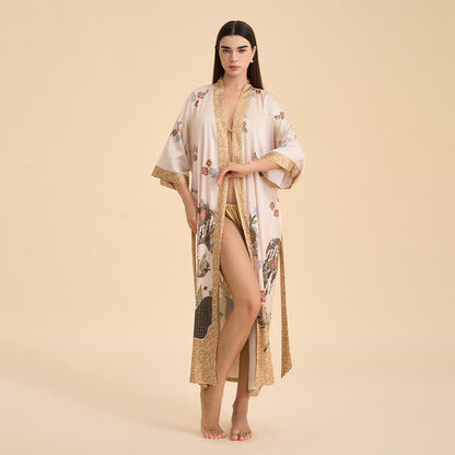 Oriental Floral Bird Kimono Style Bathrobe - image 1