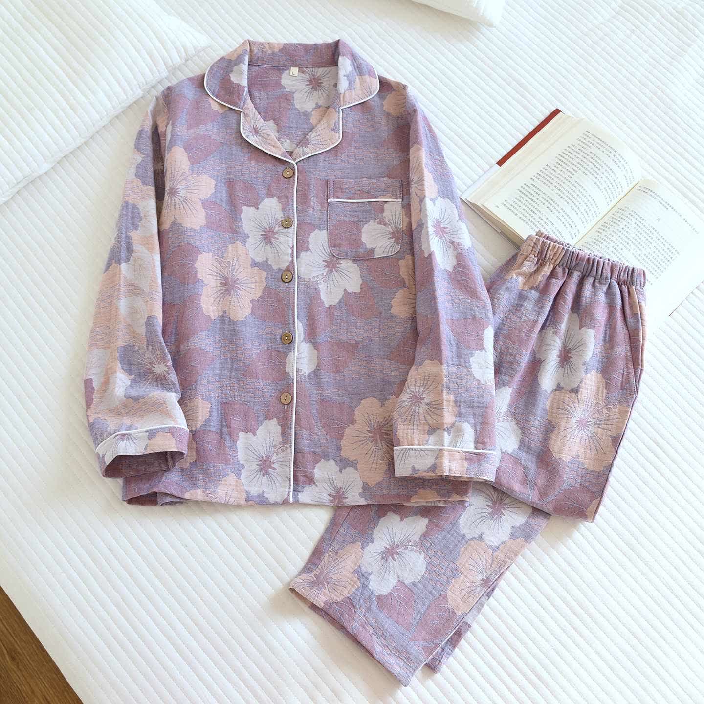 Cotton Cherry Blossom Jacquard Loungewear Set - Purple - XL - image 0