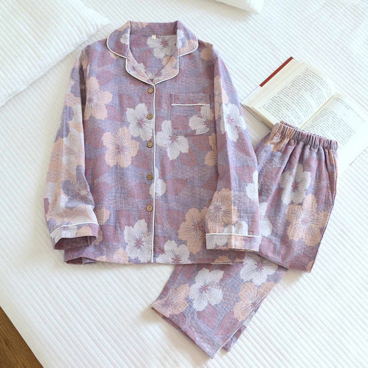 Cotton Cherry Blossom Jacquard Loungewear Set - Purple - XL - image 0