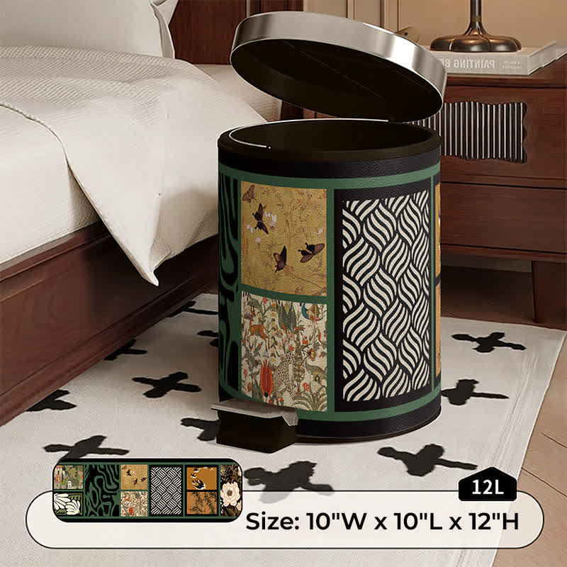 Vintage Oriental Leather Double-layer Trash Bin - A - Foot Pedal - 10"W x 10"L x 12"H - image 3