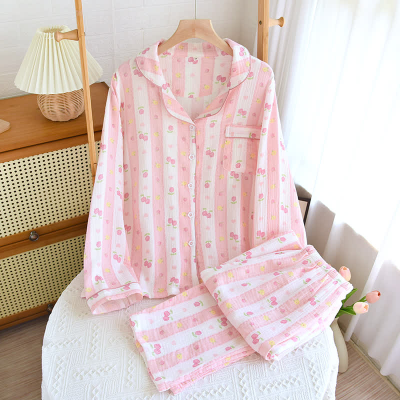 Striped Rose Cotton Loungewear Set - Pink - XXXL - image 0