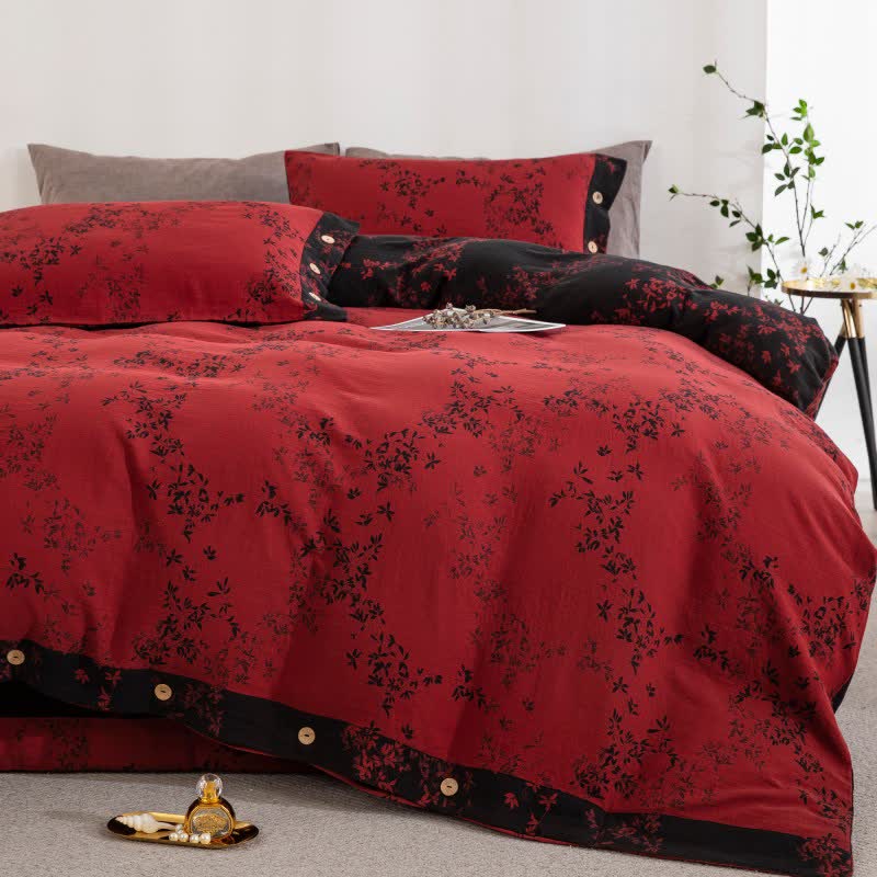 Country Leaf Cotton Gauze Bedding Set(4PCS) - Red & Black - King - image 7