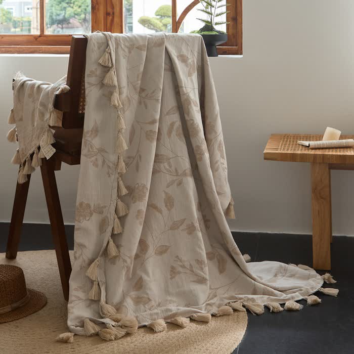 Floral Leaf Jacquard Cotton Linen Blanket - 47"W x 67"L - image 0