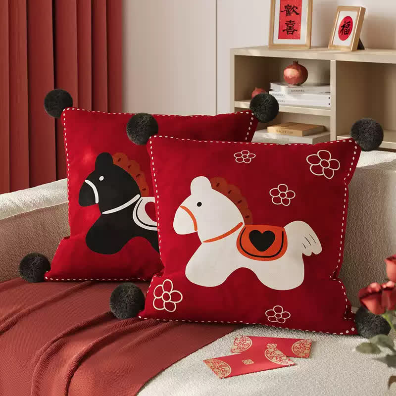Festive Pony Print Square Throw Pillow Cover - 2PCS: Black Horse + White Horse - 19" x 19" - image 0