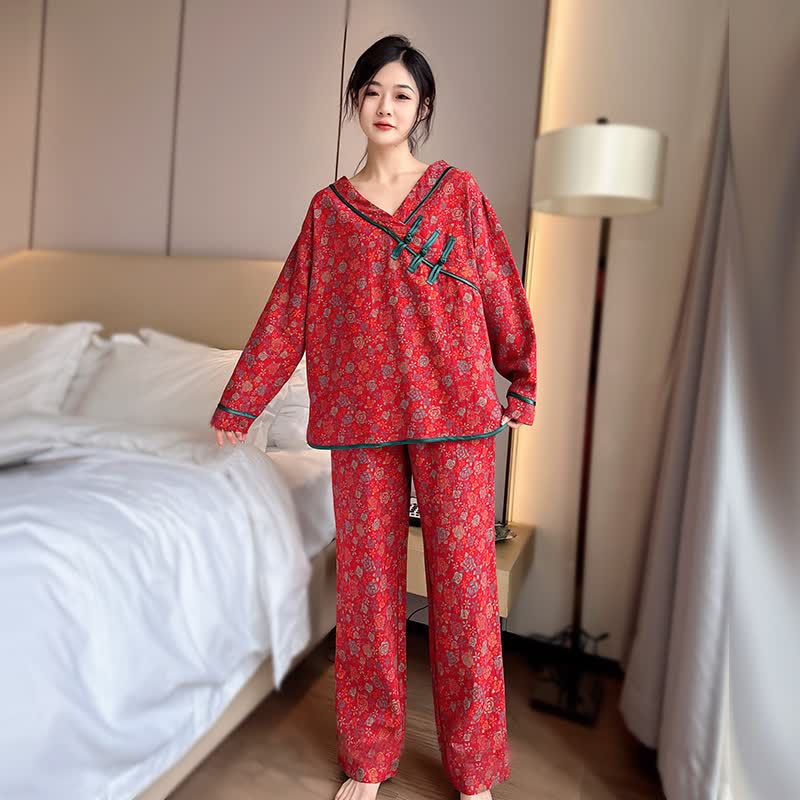 Plus Size Frog Button Rose Cotton Pajama Set - Red - 3XL - image 0