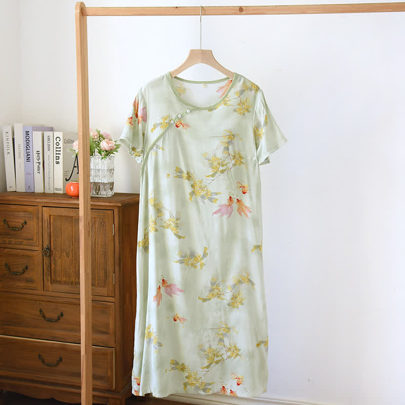 Vintage Oriental Koi Fish & Floral Nightgown - Green - XL - image 0
