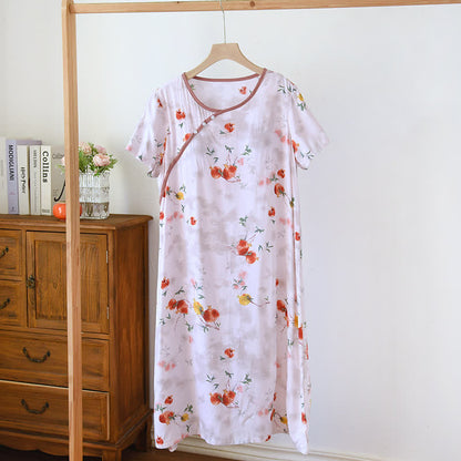 Oriental Style Pomegranate Short Sleeve Nightgown - Pink - XL - image 1