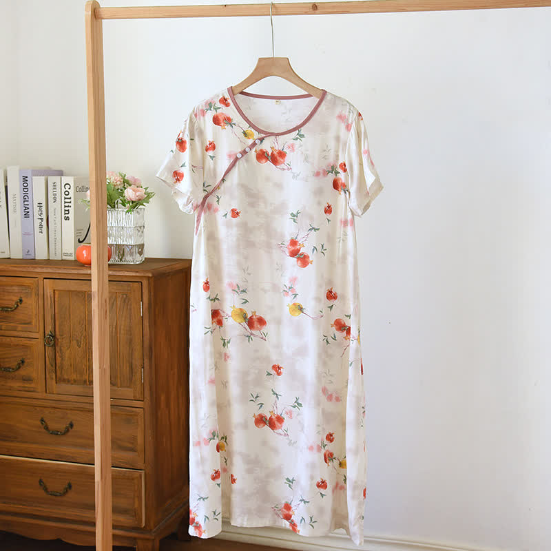 Oriental Style Pomegranate Short Sleeve Nightgown - Beige - XL - image 0