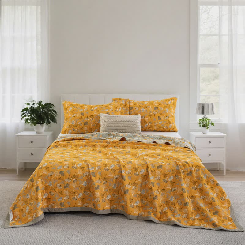Ginkgo Biloba Organic Cotton Quilt - Bright Yellow - Quilt with 2PCS Pillowcases - Cal King - image 58