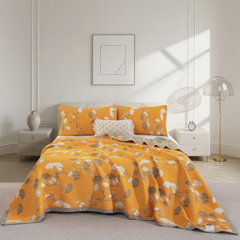 Ginkgo Leaf Organic Cotton Reversible Quilt - Orange - Quilt with 2PCS Pillowcases - Cal King - image 51