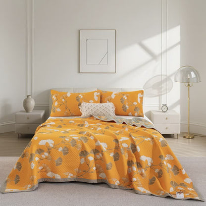 Ginkgo Leaf Organic Cotton Reversible Quilt - Orange - Quilt with 2PCS Pillowcases - Cal King - image 51