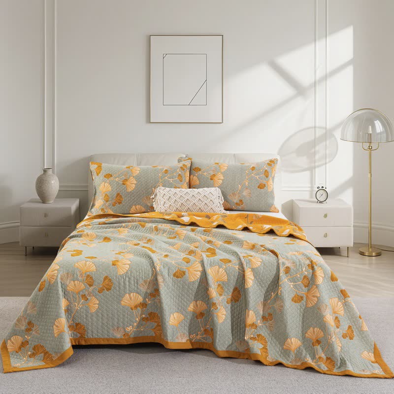Ginkgo Leaf Organic Cotton Reversible Quilt - Grey - Quilt with 2PCS Pillowcases - Cal King - image 61
