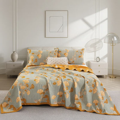 Ginkgo Leaf Organic Cotton Reversible Quilt - Grey - Quilt with 2PCS Pillowcases - Cal King - image 61