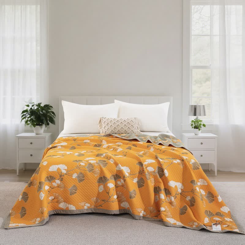 Ginkgo Leaf Organic Cotton Reversible Quilt - Orange - Quilt - Cal King - image 52