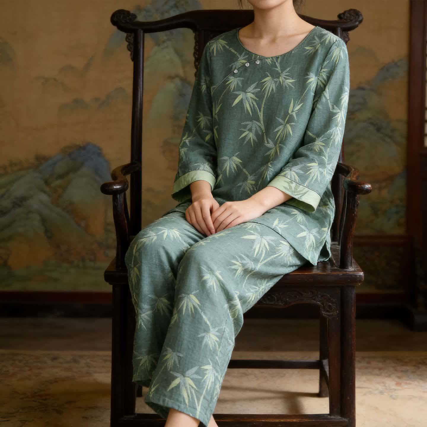 Green Bamboo Jacquard Cotton Gauze Pajamas - image 1